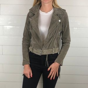 BlankNYC Moto Suede Fringe Jacket Tan Stand Stone